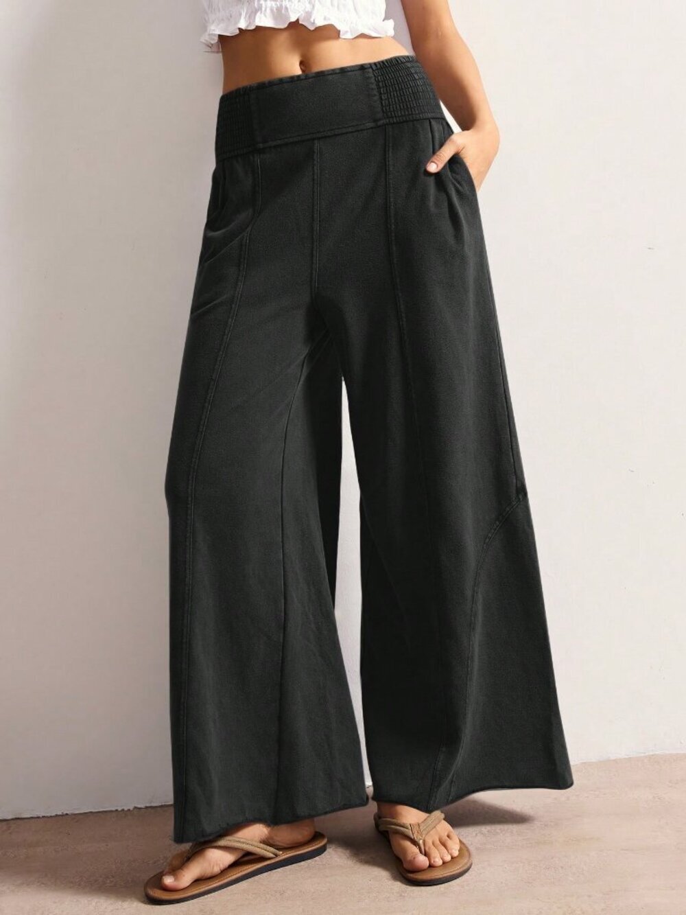 Black Casual Women's Knit Loose Wide Leg Smocked Waist Pants